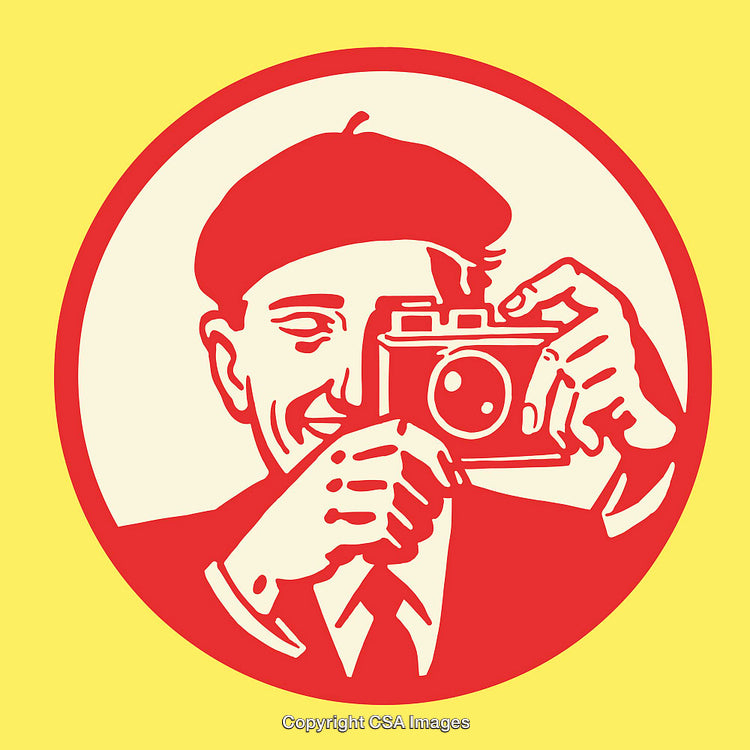 Retro Line Art of Photographer Holding a Camera in Vintage Style