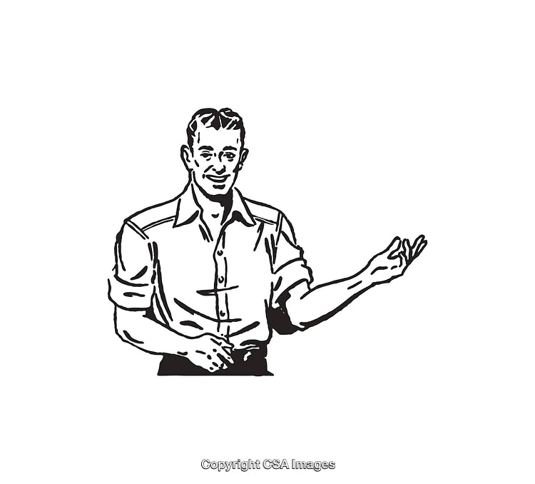Black and White Line Art of Smiling Man Presenting