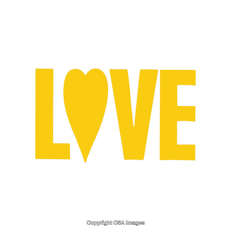 Yellow Love Text with Heart-Shaped Letter on White Background