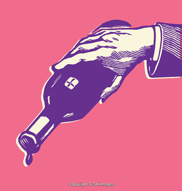 Illustration of Hand Pouring Wine From a Bottle on Pink Background