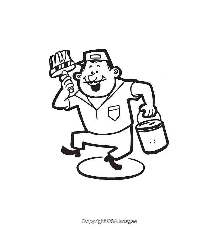 Playful Line Art of A Painter Holding a Brush and Paint Bucket