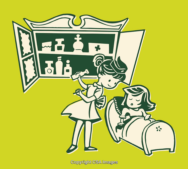 Vintage Illustration of Nurse Caring for Sick Child in Green Artwork