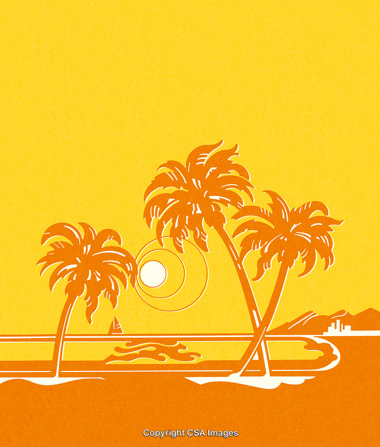 Tropical Sunset Landscape With Palm Trees and Vibrant Yellow Background