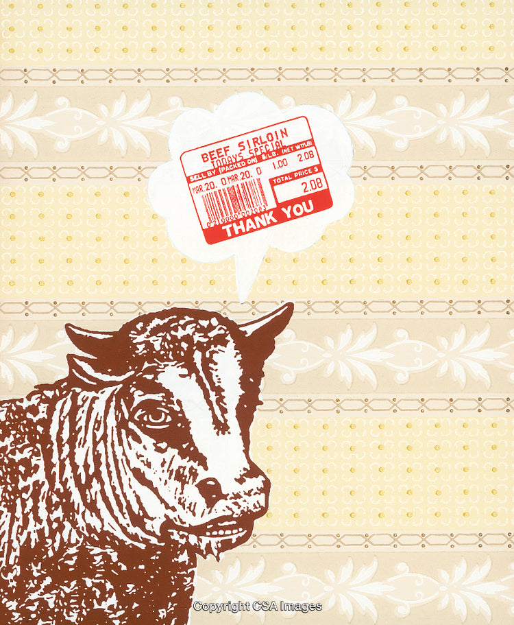 Illustration of a Cow Reflecting on a Meat Price Tag in Speech Bubble