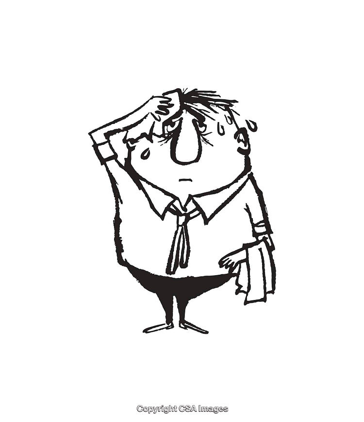 Black and White Cartoon Illustration of a Sweating Businessperson Holding a Towel