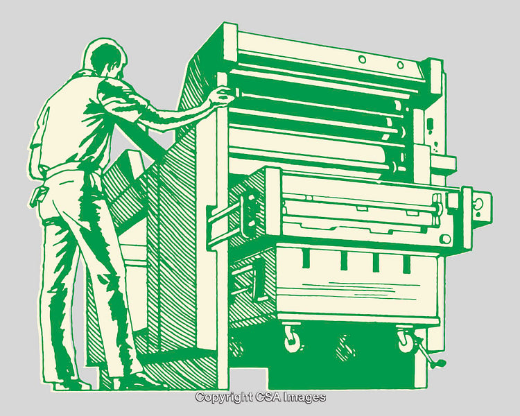 Worker Operating Industrial Printing Press Machine in Line Art Illustration