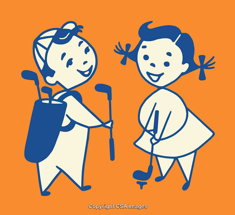 Retro Illustration of Cheerful Kids Playing Golf with Bright Colors