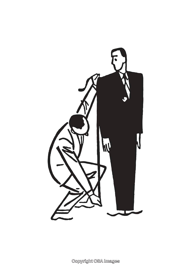 Black-and-White Illustration of a Tailor Measuring a Man for a Suit