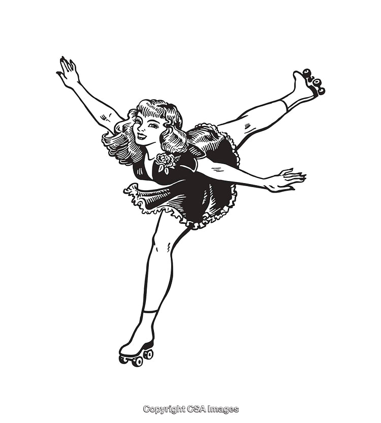 Elegantly Skating Woman in Vintage Roller Skates Line Art Illustration