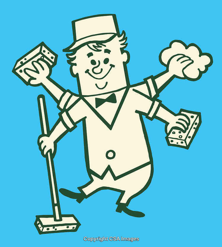 Cartoon Cleaner Performing Multiple Cleaning Tasks with Utter Efficiency