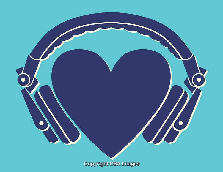Blue Heart with Headphones on Light Blue Background Illustration