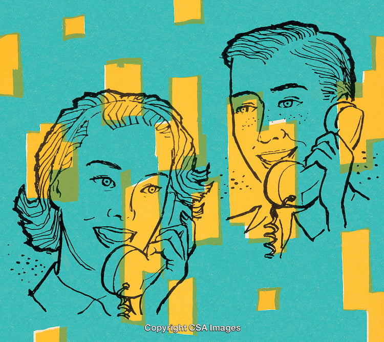 Retro Illustration of People Using Telephones with Colorful Artistic Overlay