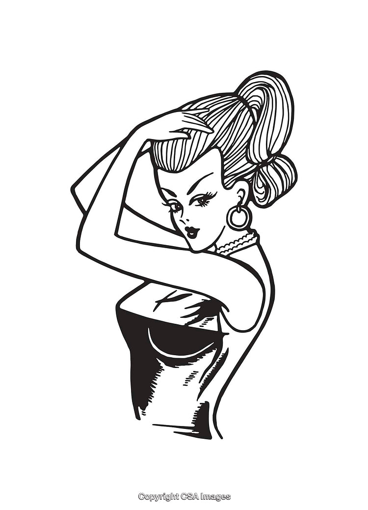 Elegant Vintage Line Art Illustration of a Woman in Retro Style