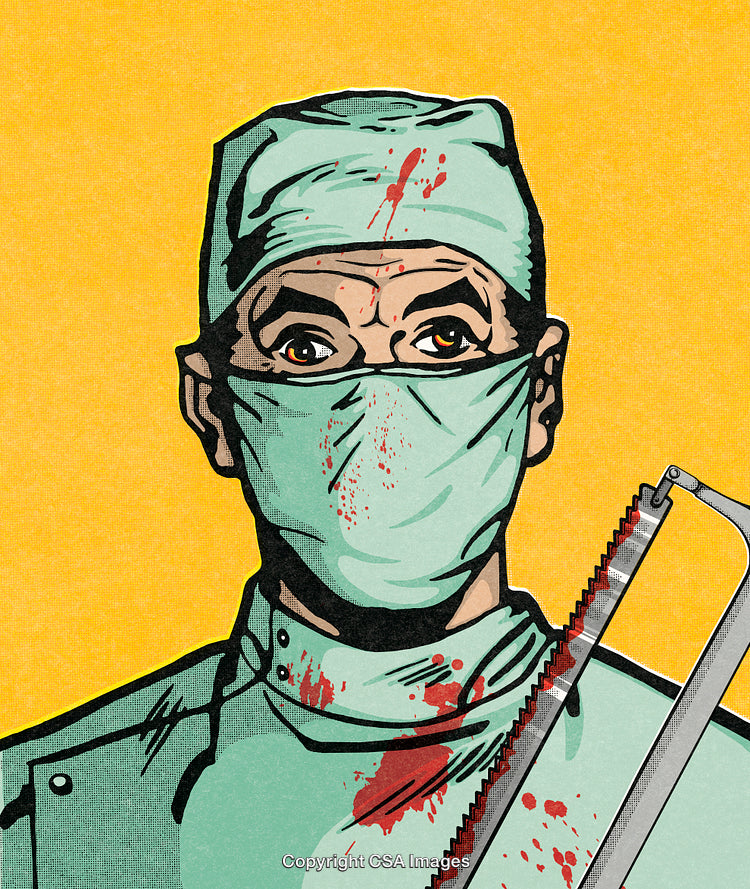 Illustration of a Surgeon in Scrubs Holding a Bloody Saw Against Yellow Background