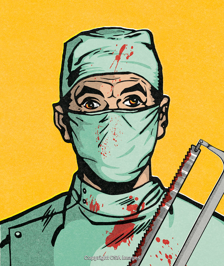Illustration of a Surgeon in Scrubs Holding a Bloody Saw Against Yellow Background