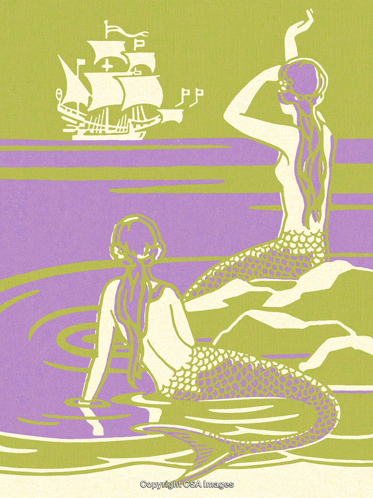 Two Mermaids Observing a Sailing Ship in a Vibrant Ocean Scene