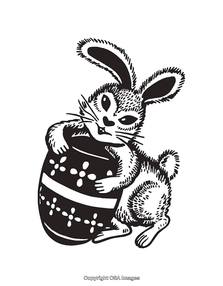 Black and White Illustration of a Bunny Holding an Easter Egg