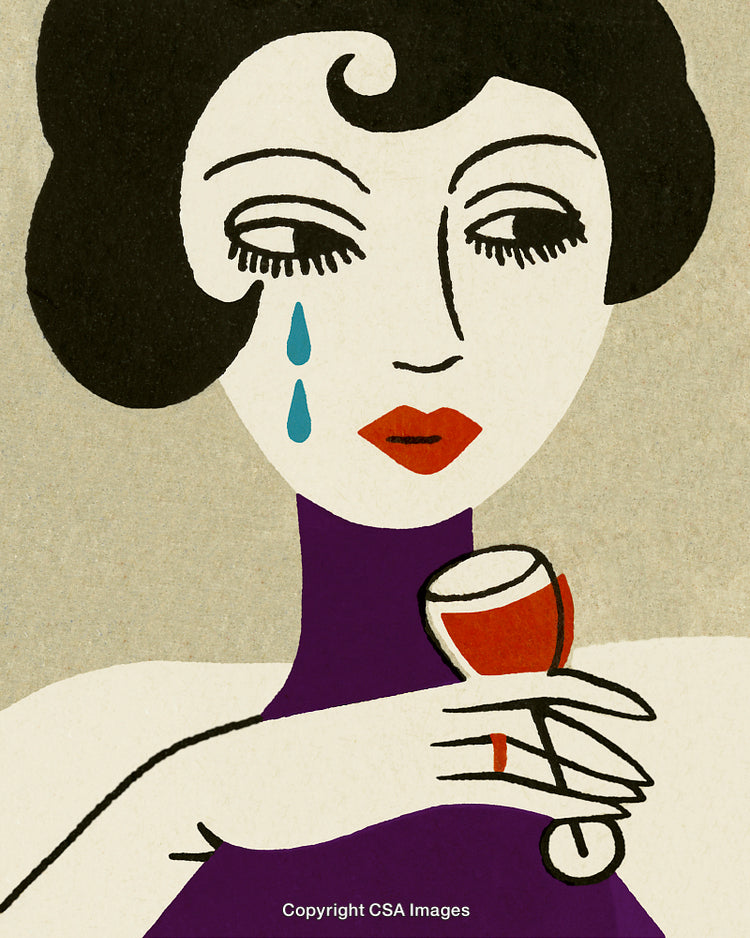 Artistic Illustration of a Woman Holding Wine With a Melancholic Expression