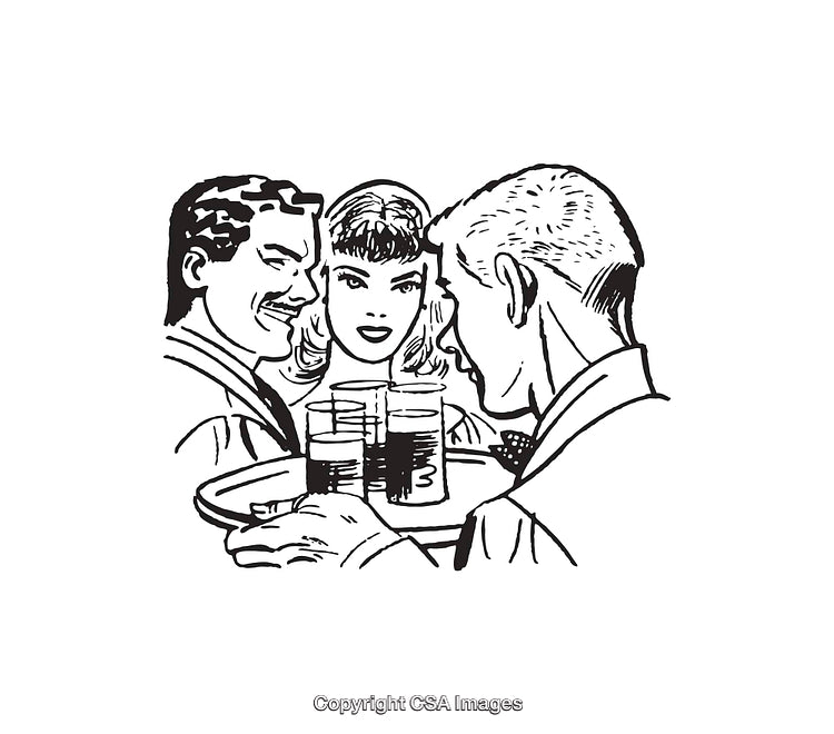Vintage Line Art Illustration of a Group Socializing in Black and White