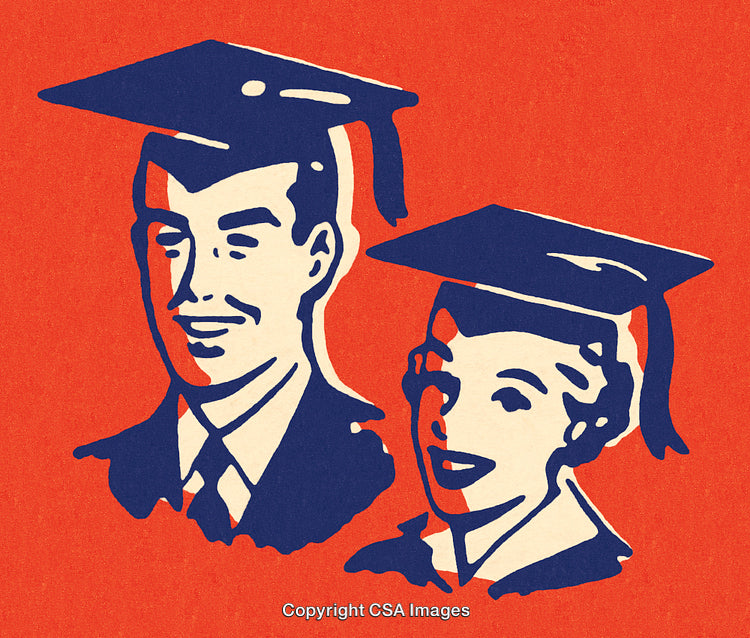 Retro Illustration of Two Graduates in Academic Caps on Bold Background