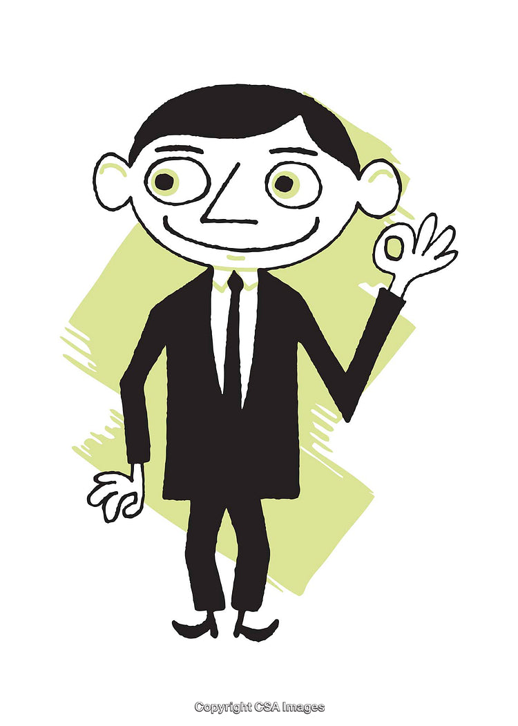 Cartoon Illustration of Smiling Character in Suit Making OK Gesture