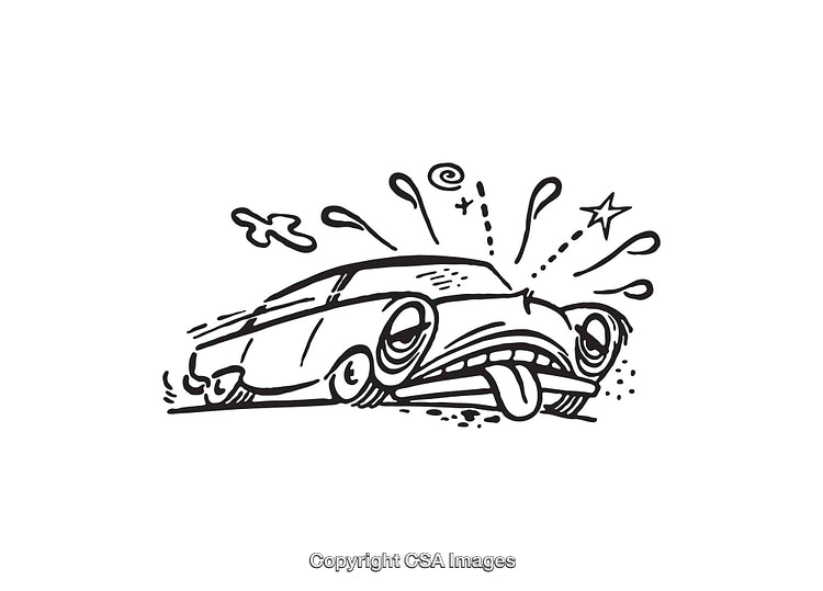 Black and White Line Art Illustration of a Whimsical Cartoon Car