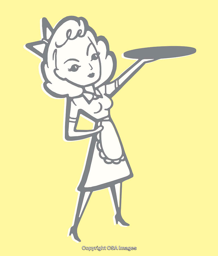Vintage Style Waitress Illustration with Serving Tray on Yellow Background