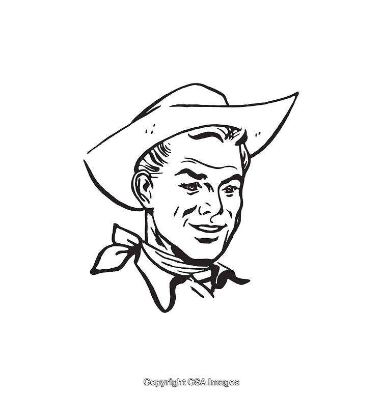 Black and White Illustration of a Smiling Cartoon Cowboy with Hat