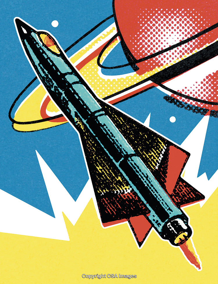 Retro-Style Illustration of a Rocket Flying in Outer Space with Planet and Stars