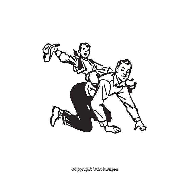 Playful Father Giving Piggyback Ride to Excited Child in Black and White Art