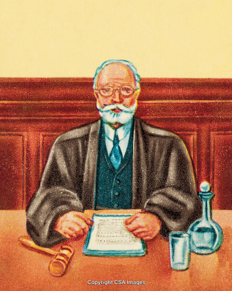 Vintage Illustration of a Judge Seated With Gavel and Bottle of Ink