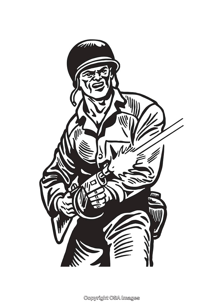 Black and White Line Art of a Soldier in Action with Weapon