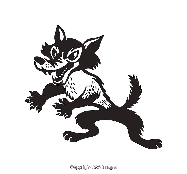 Black and White Line Art Illustration of a Playful Cartoon Wolf