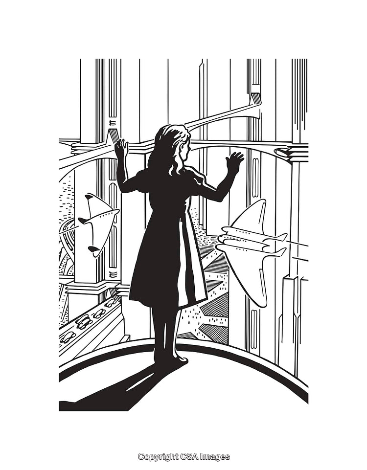 Silhouetted Figure Contemplating a Futuristic Cityscape in Monochrome Line Art