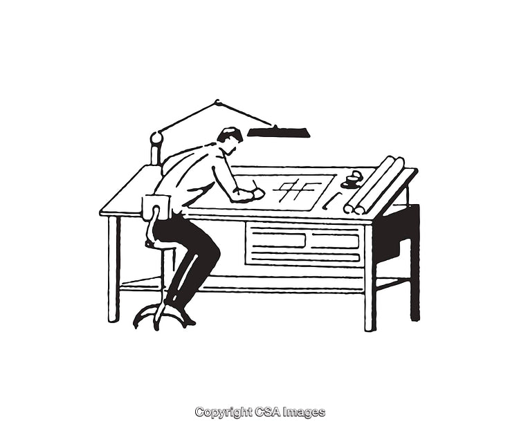 Black and White Line Art of Architect Working at Desk