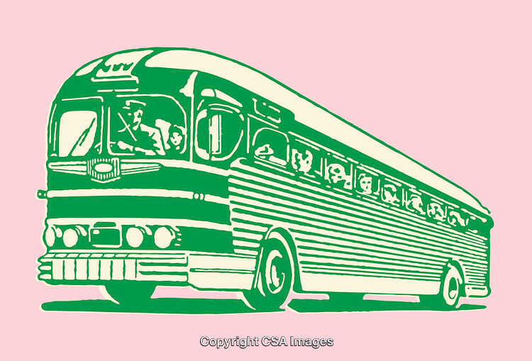 Colorful Line Art Illustration of a Retro Bus With Passengers
