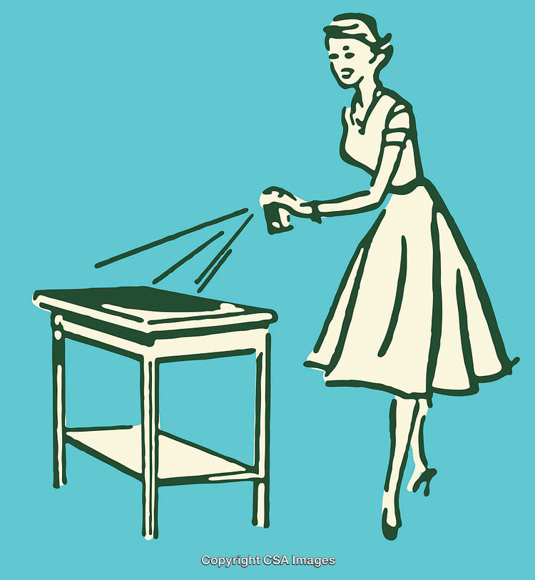 Vintage Illustration of Woman Cleaning Table in Retro Style
