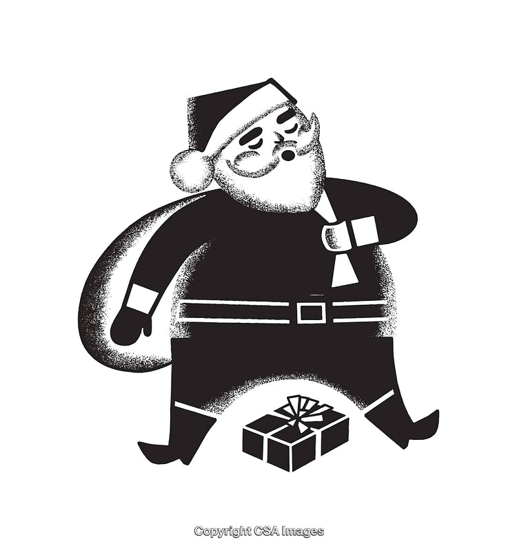 Black and White Illustration of Santa Carrying a Gift Bag and Present