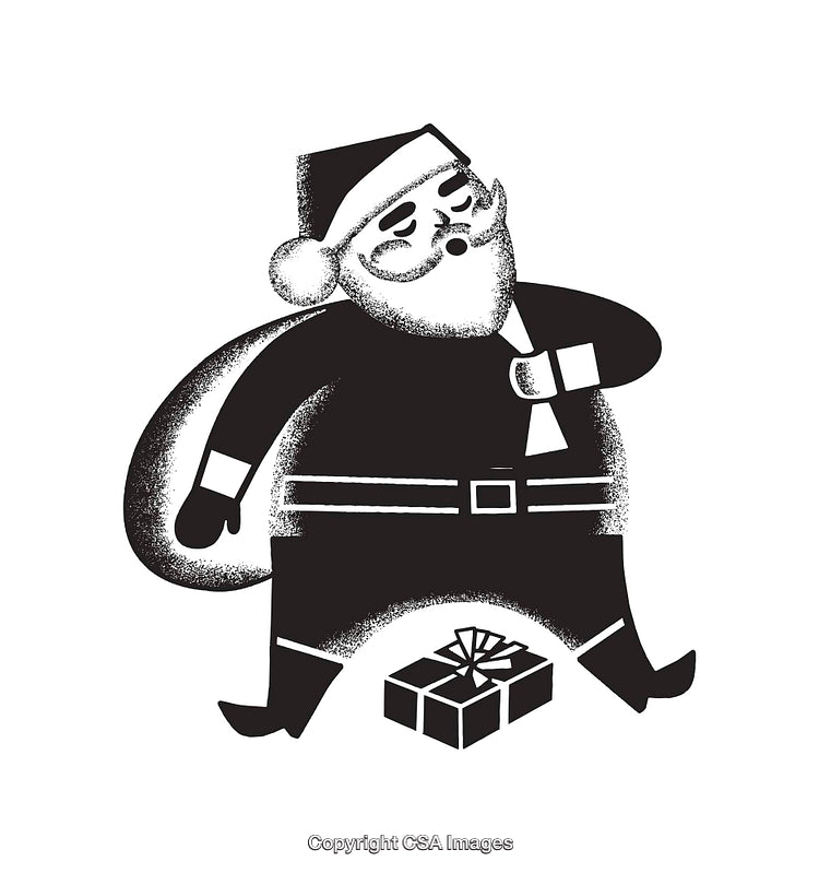 Black and White Illustration of Santa Carrying a Gift Bag and Present
