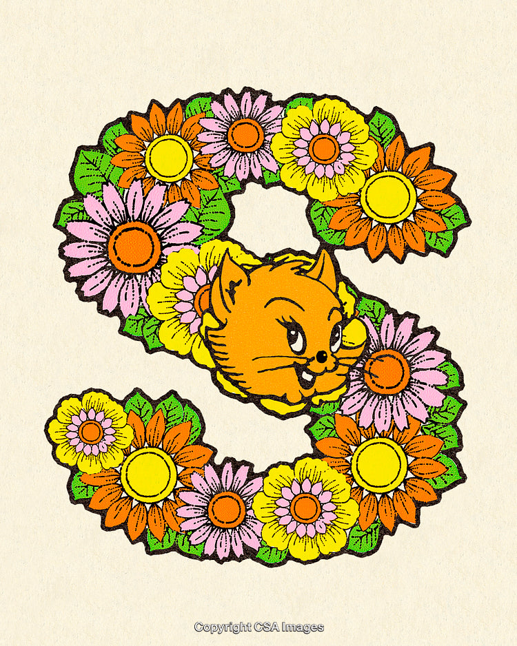 Colorful Floral Letter S With Playful Cartoon Cat Illustration