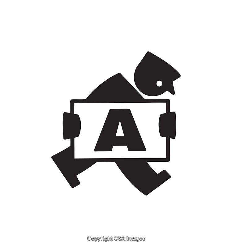 Black and White Illustration of a Character Carrying a Sign with Letter A