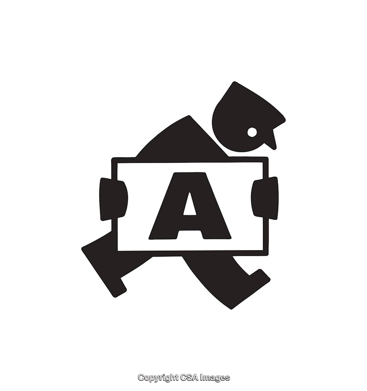 Black and White Illustration of a Character Carrying a Sign with Letter A