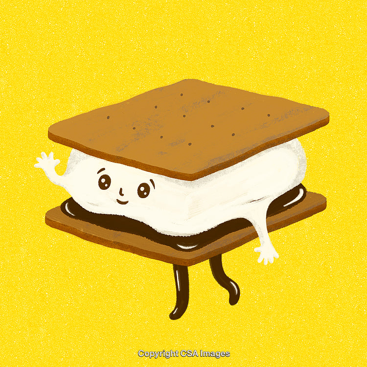 Adorable Smores Illustration with Smiling Marshmallow on Bright Yellow Background