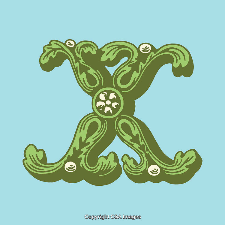 Ornate Floral Designed Letter X with Green Leaves on Blue Background