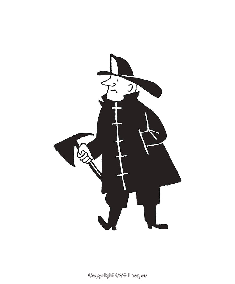 Black And White Illustration of a Cartoon Firefighter Holding an Axe