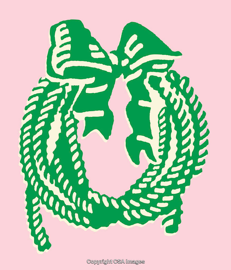Green Wreath Illustration with Bow on Pink Background