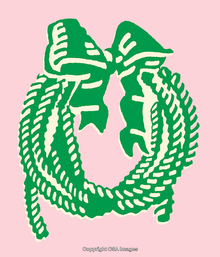 Green Wreath Illustration with Bow on Pink Background