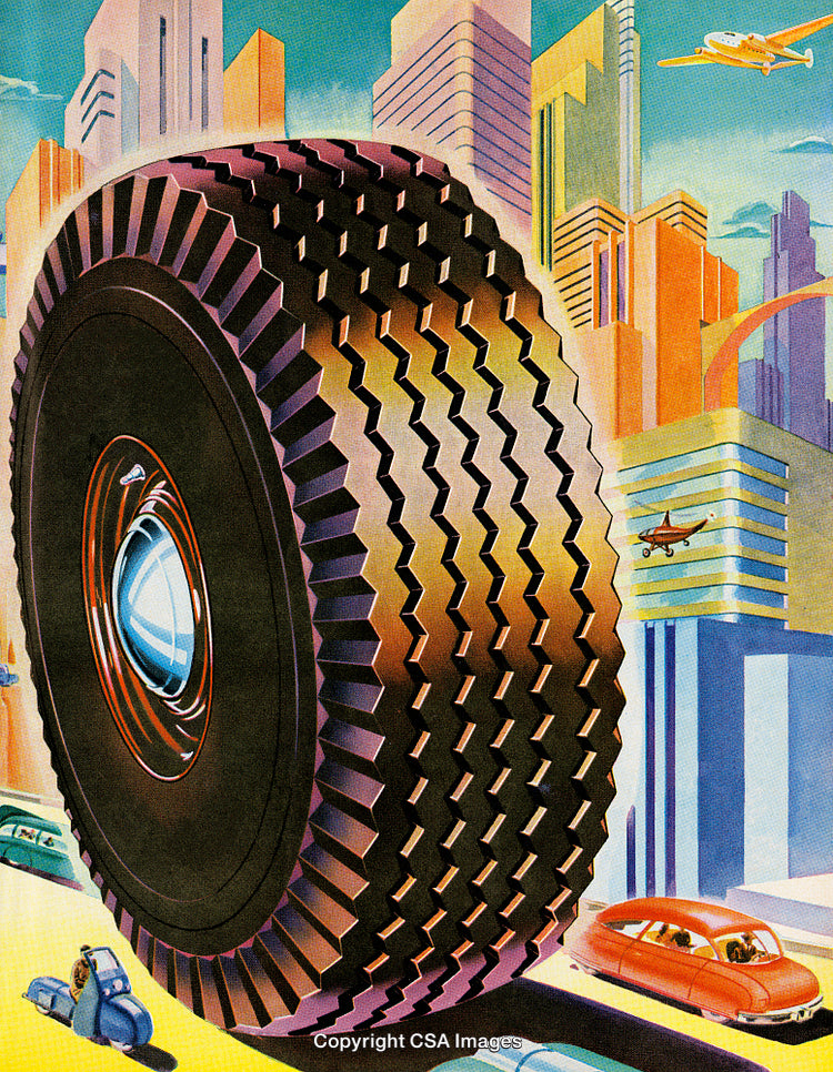 Conceptual Cityscape with Gigantic Tire and Futuristic Transportation