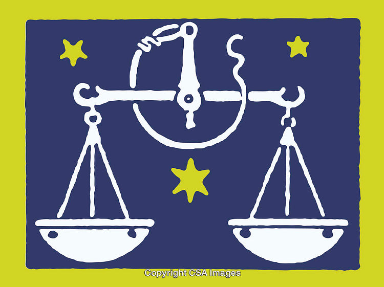 Scales of Justice Line Art Illustration with Stars on Vibrant Background