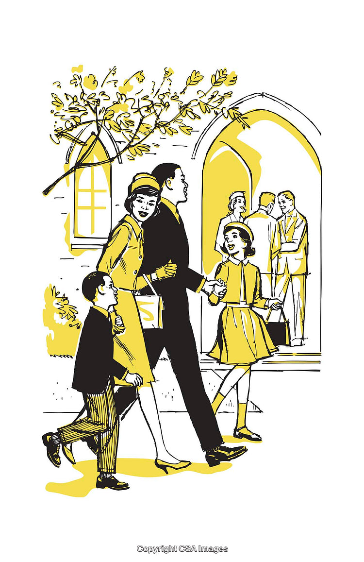 Vintage Illustration of a Family Walking Together Near a Church